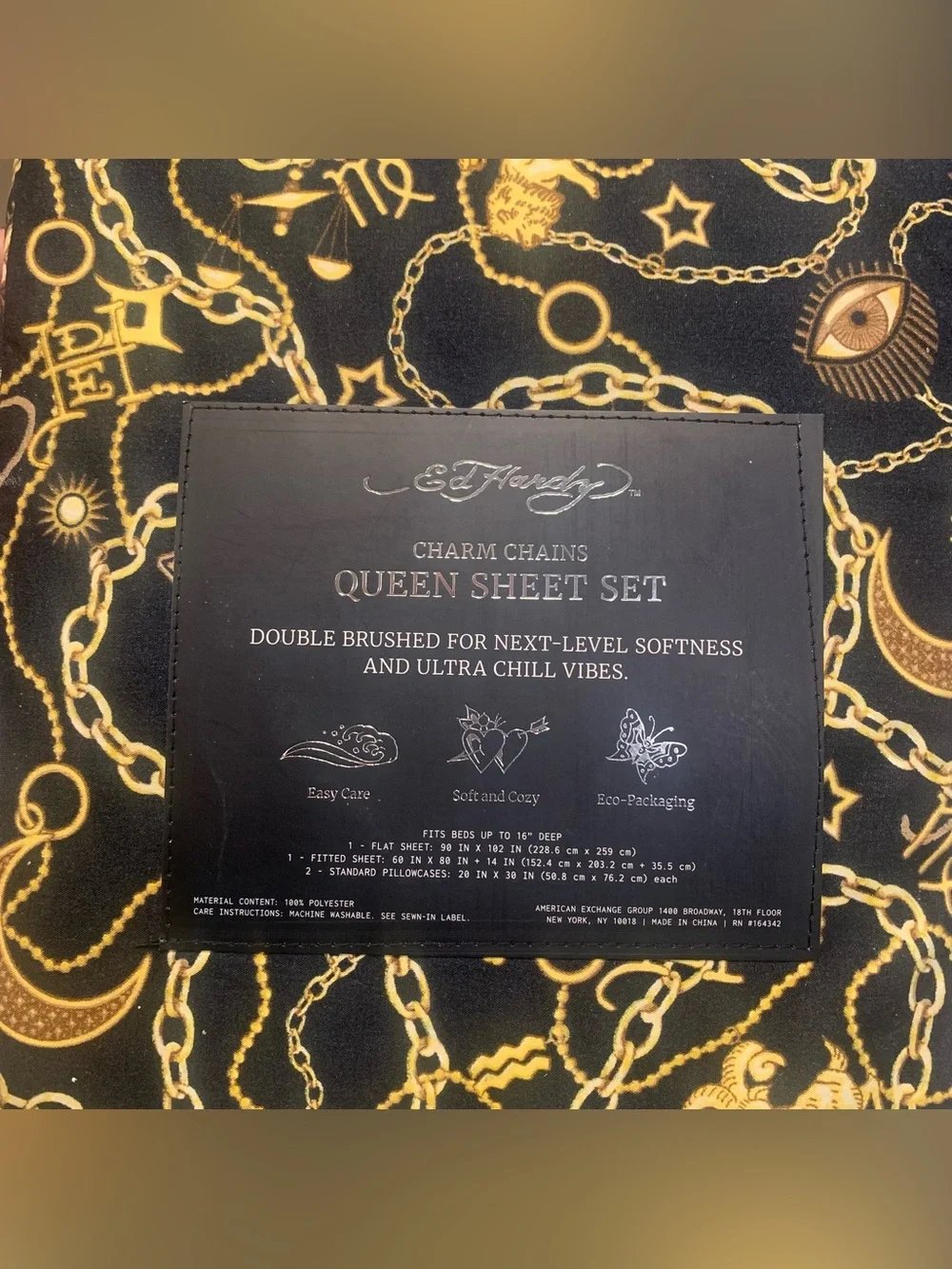Ed Hardy Black Queen Sheet Set Gold Charm Chains Evil Eye Celestial Lion Moon